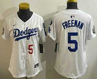 Women%27s Los Angeles Dodgers #5 Freddie Freeman Number White 2024 World Series With Fernando 34 Patch Limited Stitched Jersey